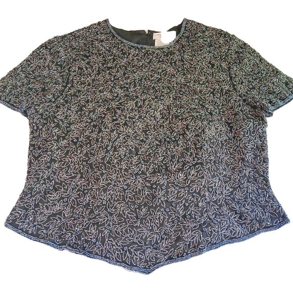 Vintage Adriana Papell Occasions Black Silk Beaded Floral Short Sleeve Sz 18 - Picture 2 of 15
